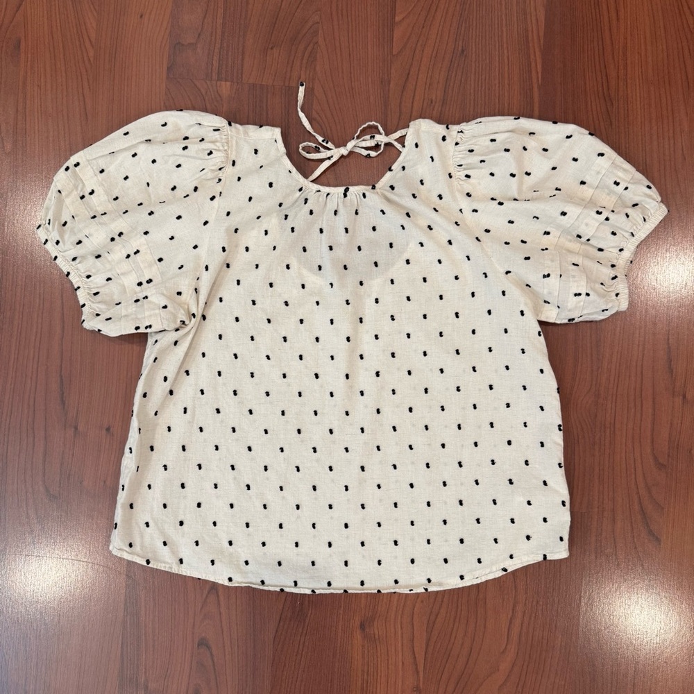 Madewell Cream Puff Sleeve Blouse with Black Polka Dots size XL